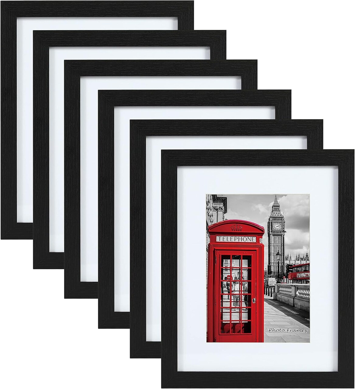 11x14 Picture Frame Set of 6, Display Pictures 8x10 with Mat or 11x14 Without Mat for Wall Mounting or Table Top, Photo Frames Collage for Wall Decor, Black Woodgrain.